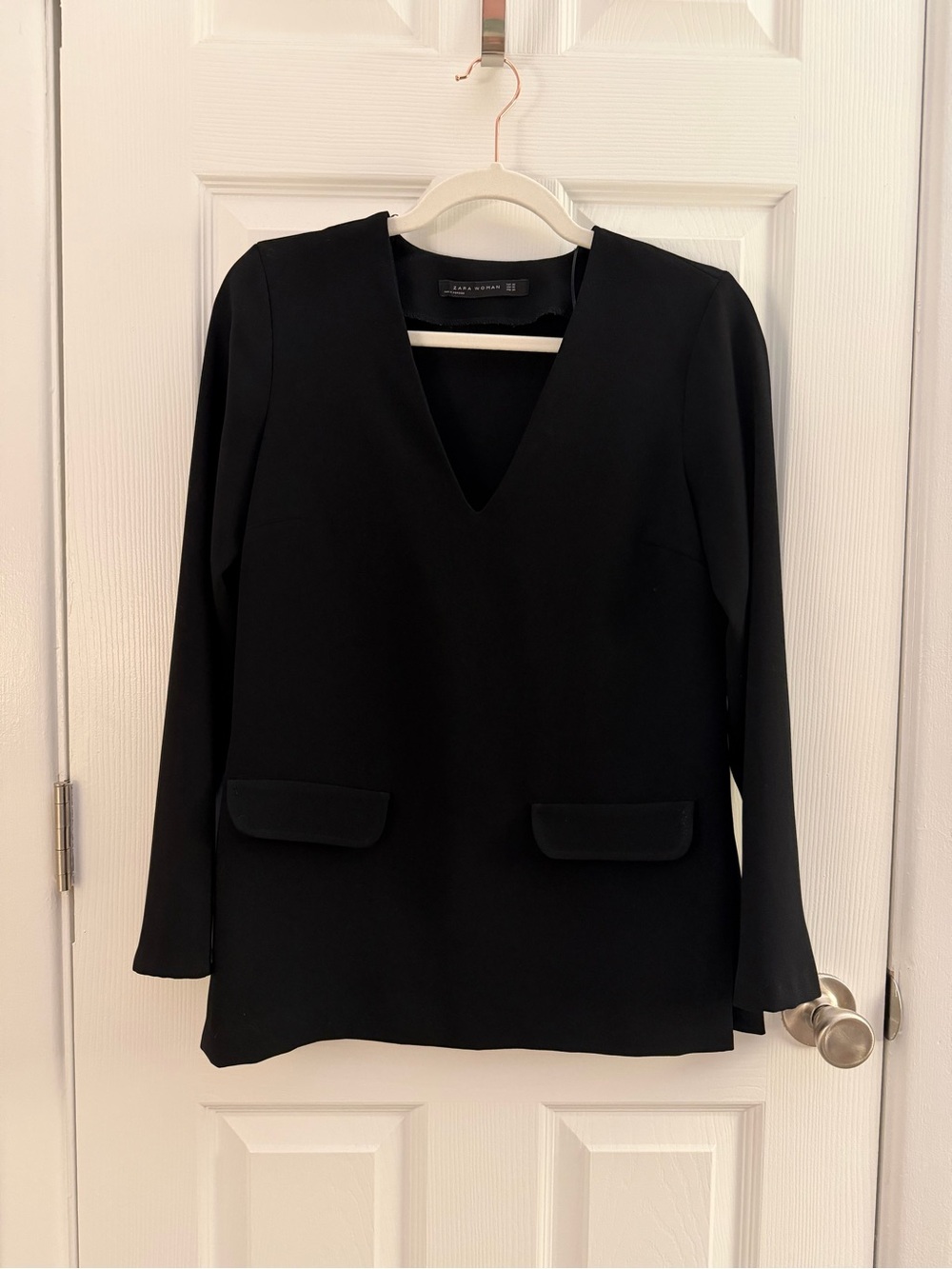 Zara Black Front Flap V Neck Tailored Blazer Blouse XS